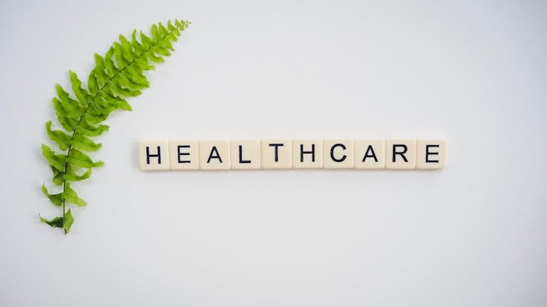 Healthcare word spelled with Scrabble tiles next to a green fern leaf on a white background.