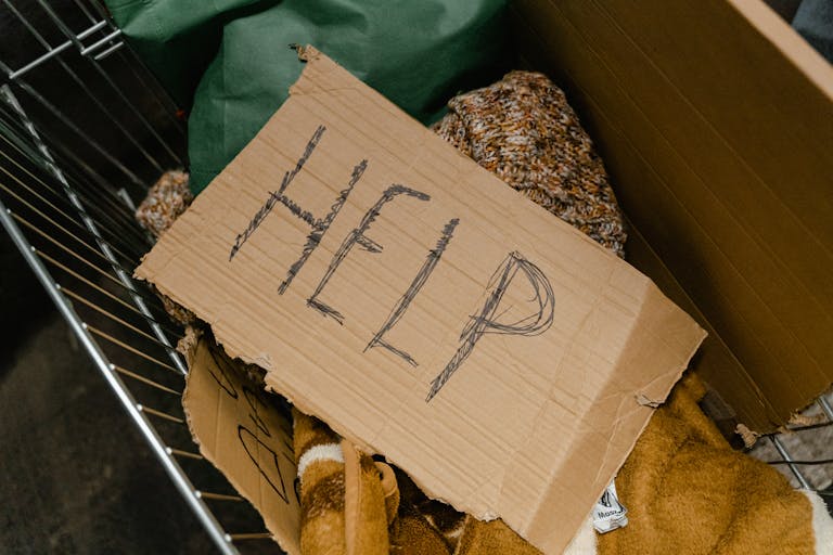 Close-up of a cardboard sign 'Help' placed in a shopping cart with blankets.