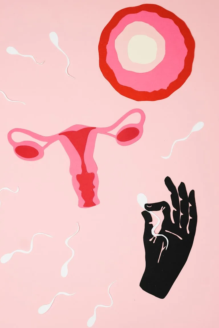 Abstract representation of fertilization with sperm, egg, and hand on pink backdrop.